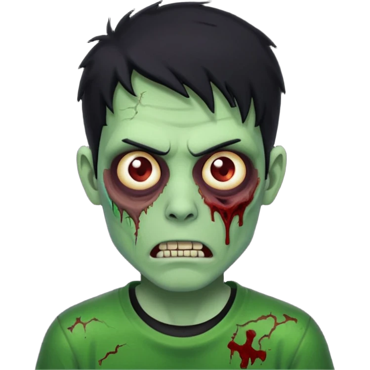 Zombie Emoji AppleIOS Style, lowfade Black Hair, and Black T-shirt, Green Skin, normal expression emoji
