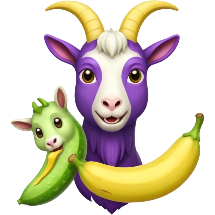 Three headed goat. One eating a banana, another eating an eggplant, and the last eating a cucumber emoji