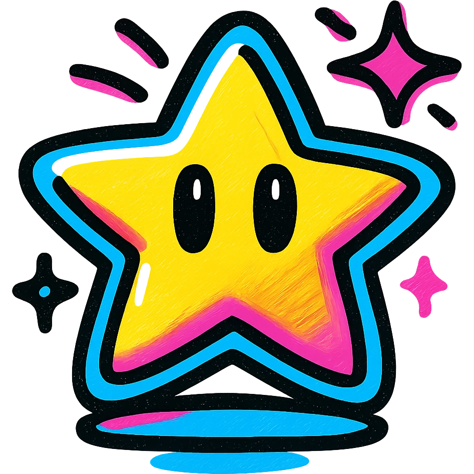 Y2K style Mario star, shiny, metallic, with vibrant gradients and playful 2000s design elements emoji