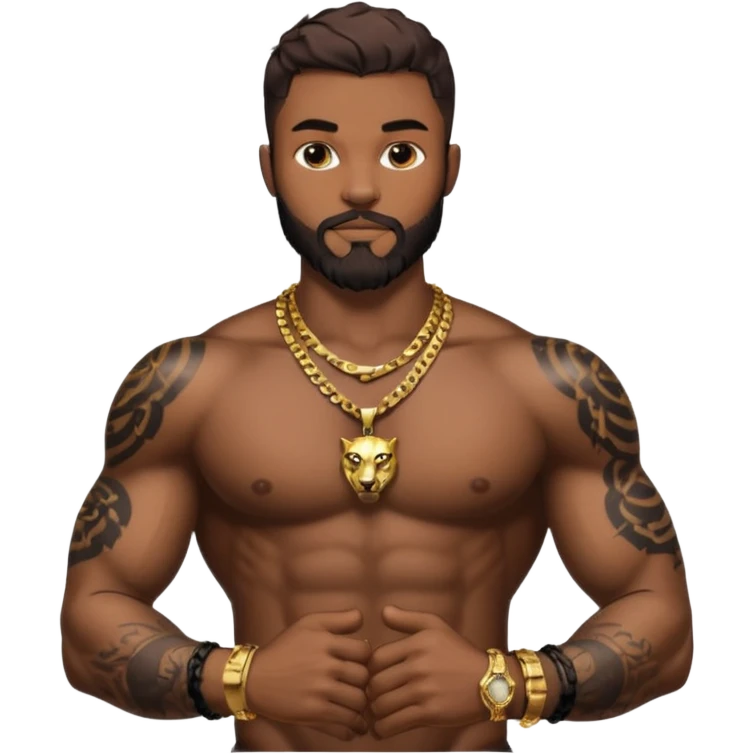 a muscular man with a brown beard and hair with a tattoo on his chest of a black panther in the same style as Conor McGregor, with gold bracelets, and a gold Cuban chain with a pendant emoji