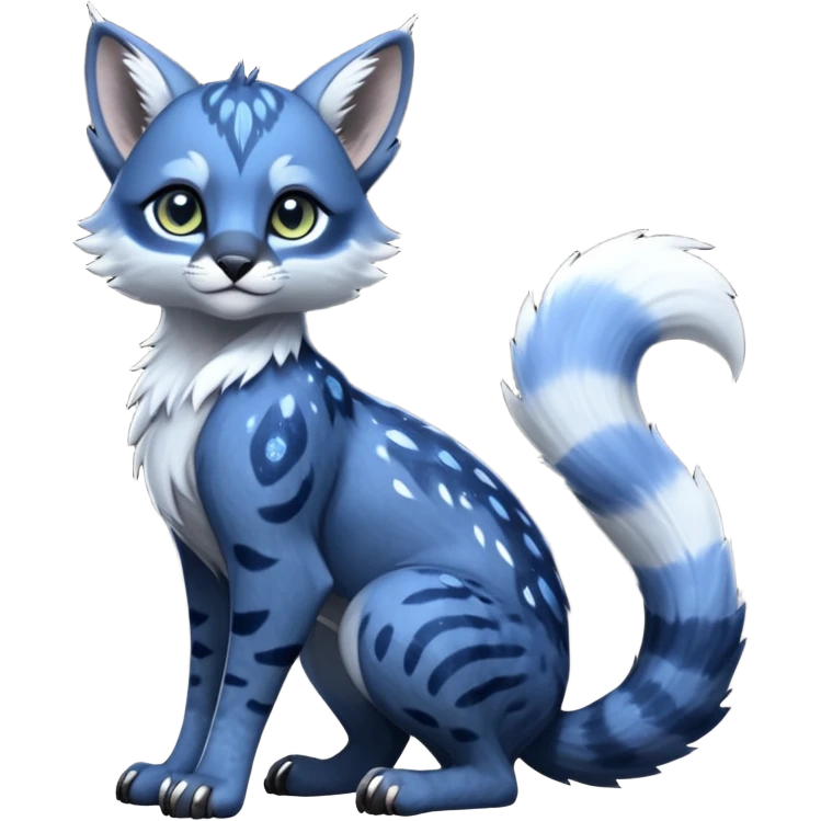 Cute kawaii cool edgy badass  glossy midnight-blue fur with silver starlight dusting fantasy-caracal-civet-genet-sergal-vernid-Gryphon-Cacomistle-Trico-oncilla-animal-Fakémon-hybrid-fursona (full body), facial markings, (realism style) emoji