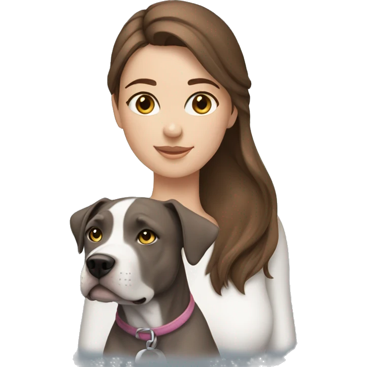 A girl with brown hair, blue eyes with a gray Amstaff dog emoji
