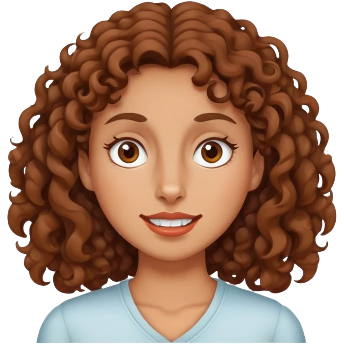 woman with medium brown curly hair and rabbit teeth with a lazy eye emoji