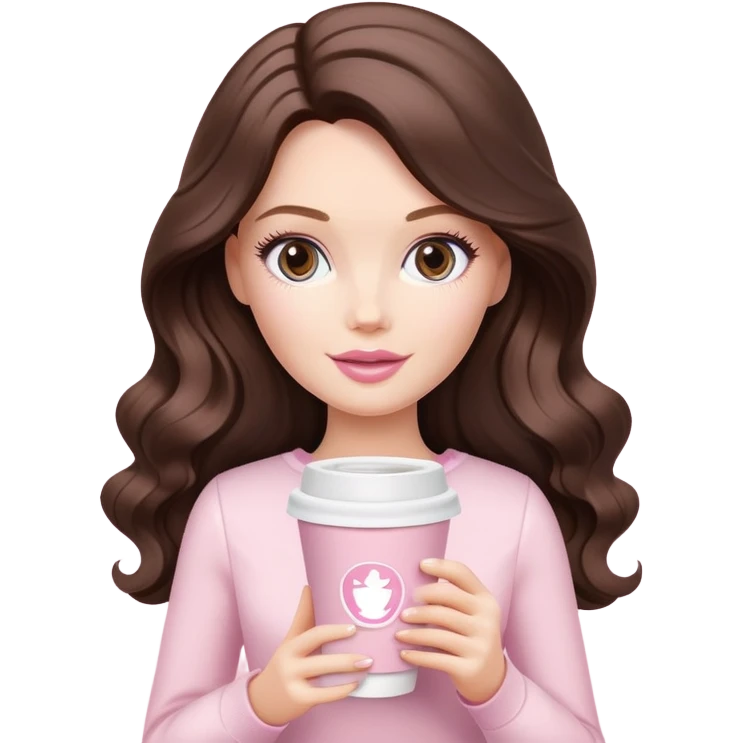 A white Barbie girl with long dark brown wave hair and a pale pink paper cup of coffee emoji