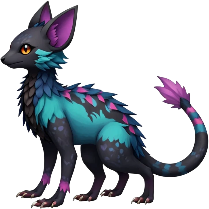 Rare realistic exotic edgy dark gothic gloomy epic pretty beautiful handsome gorgeous aesthetic colorful vibrant Vernid-Trico-species-Fakemon-creature by LiLaiRa, 4 legs, 1 tail, random markings, (full body) emoji