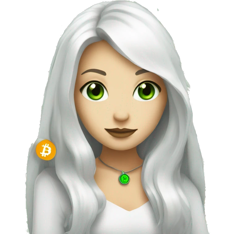 Face witch with bitcoin, cute, white skin, white long hair, green eyes  emoji