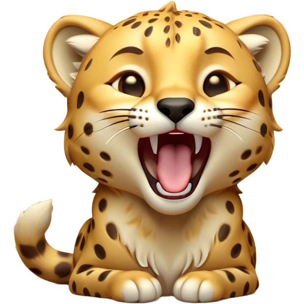 Cinematic Cute Yawning Cheetah Portrait Emoji, Head tilted slightly with a dramatic, wide-open yawn, showcasing a soft, sleek golden Fur with distinctive spots and floppy ears slightly drooping, round amber eyes barely open in drowsy contentment, Simplified yet irresistibly adorable features, highly detailed, glowing with a soft, cozy glow, high shine, relaxed yet expressive, stylized with a touch of savannah whimsy, bright and endearing, soft glowing outline, capturing the essence of a sleepy yet affectionate cheetah, so drowsy it feels like it could stretch right out of the screen and curl up for a nap! emoji
