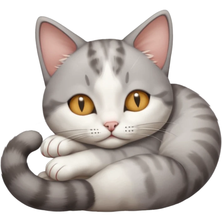 grey and white small cat with its eyes closed lying down with its paw holding up his head emoji