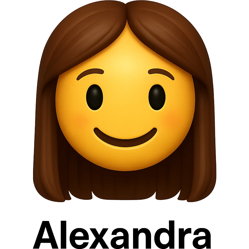 3D smiley emoji, girl style, long hair, smiling face, with the name 'Alexandra' below in printed letters emoji