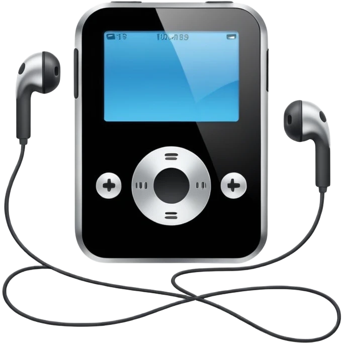 Futuristic iPod emoji with earphones, metallic black and white, smooth reflective surfaces, flat minimal vector design, clean UI style emoji