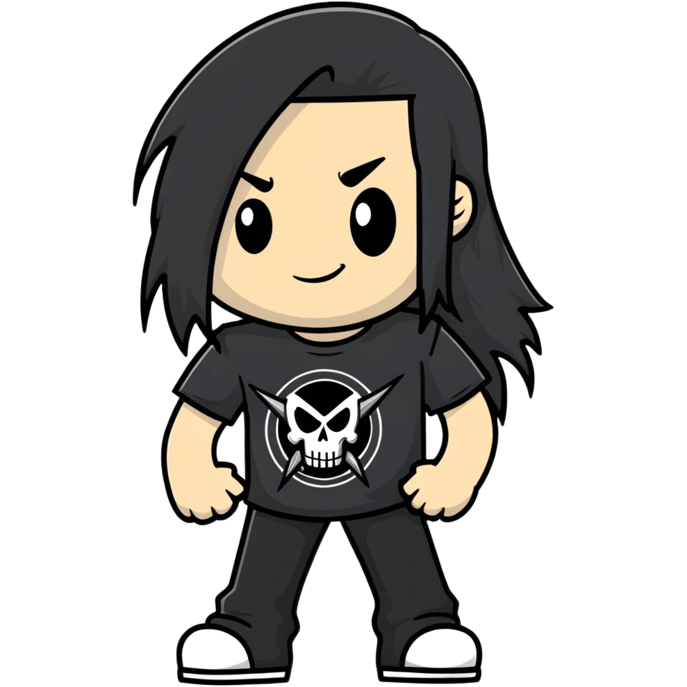A metalhead with long flowing black hair, wearing a black heavy metal t-shirt, smirking confidently emoji