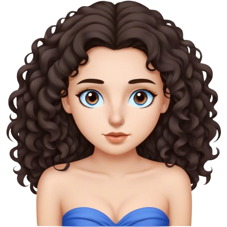 menina branca de cabelo cacheado marrom escuro sem volume  longo,  com nariz fino e empinado  com uma blusa tomara que caia azul ,sobrancelhas marcantes e olhos castanhos escuros emoji