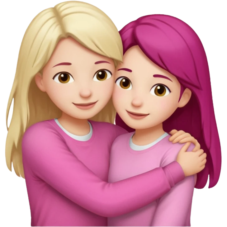 2 girls hugging each other. One is wearing white shirt and the other is wearing pink emoji