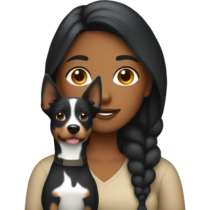 Apple style brown woman with black hair holding cattle dog emoji