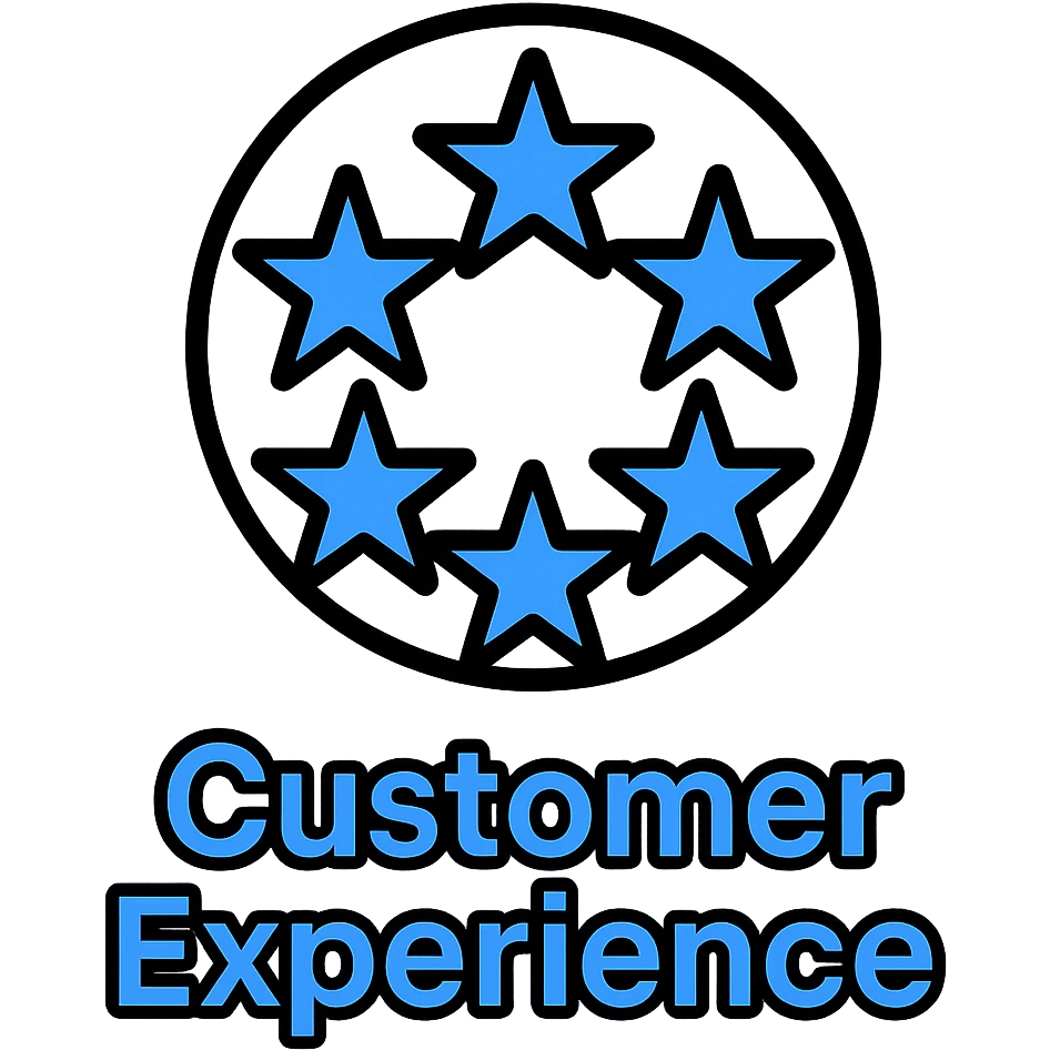 Add the words 'Customer Experience' below the six blue stars in a circular formation, keep the modern icon style, preserve transparent background. emoji