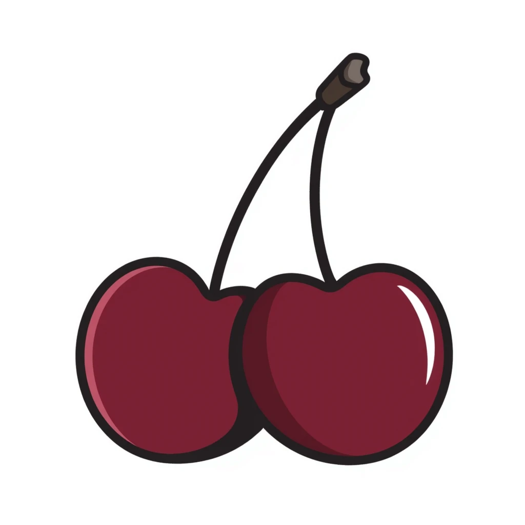 Hand-drawn pair of deep burgundy cherries with stem and leaves, dark rich red emoji