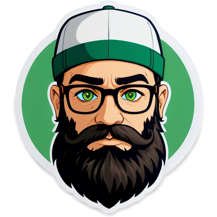 A man with a cap, green eyes, big beard and glasses emoji