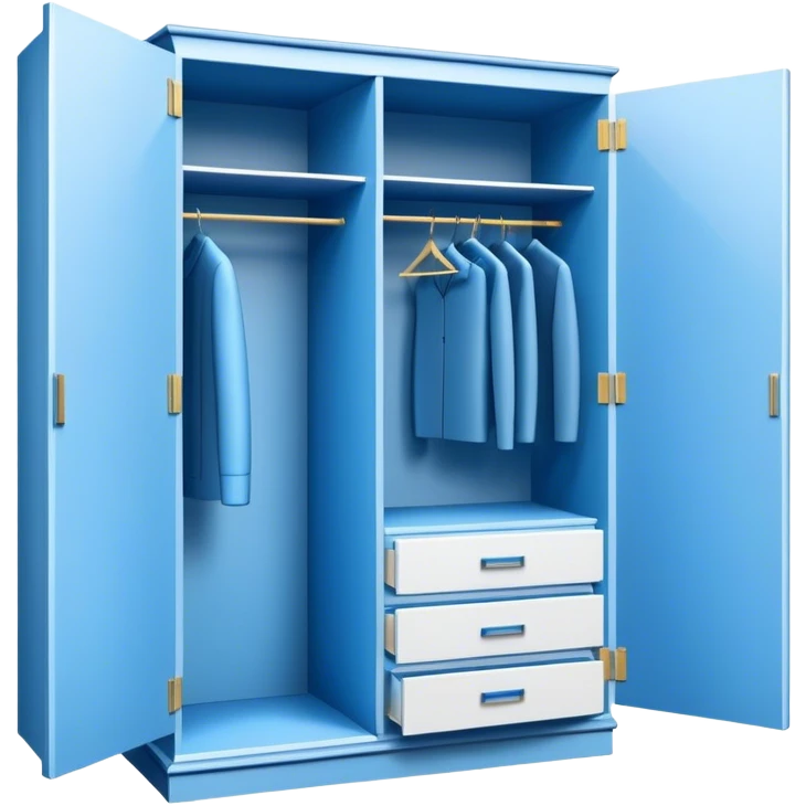 Icon for Furniture Design: a blueprint of a wardrobe without clothing inside, featuring a 3D installation with dimensions and a ruler or measuring tape. The icon should represent the detailed design and measurement process in furniture creation. Transparent background. emoji