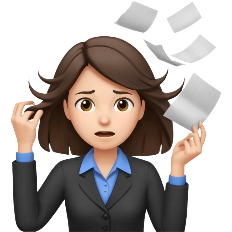 female teacher pulling her hair with stressed face, papers flying everywhere, brunette emoji