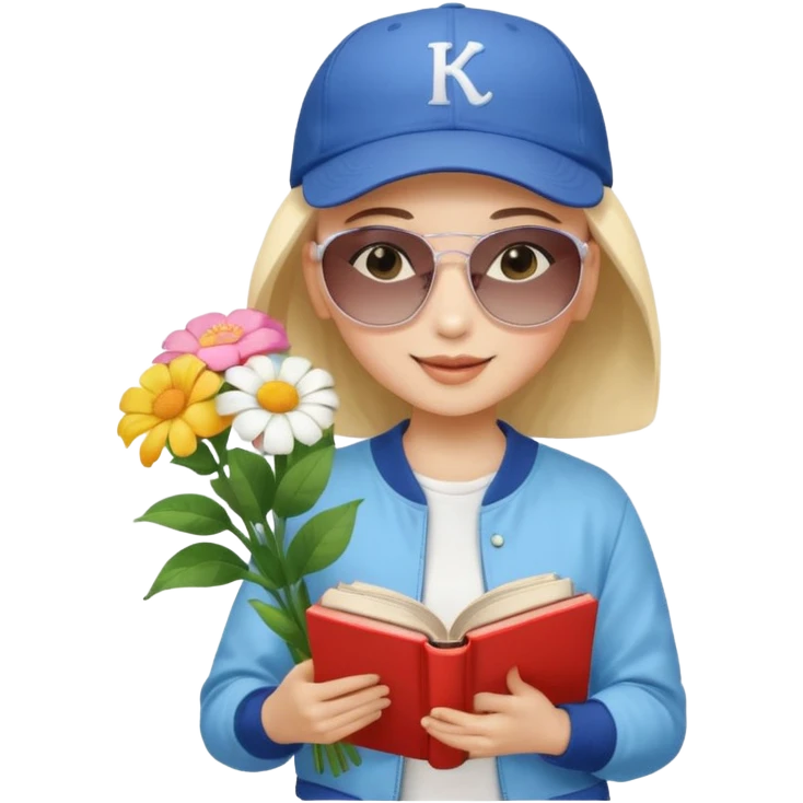 ["A happy girl with light skin, bald, wearing a baseball cap and sunglasses, dressed in K-pop fashion, is reading a book while holding a flower bouquet."] emoji