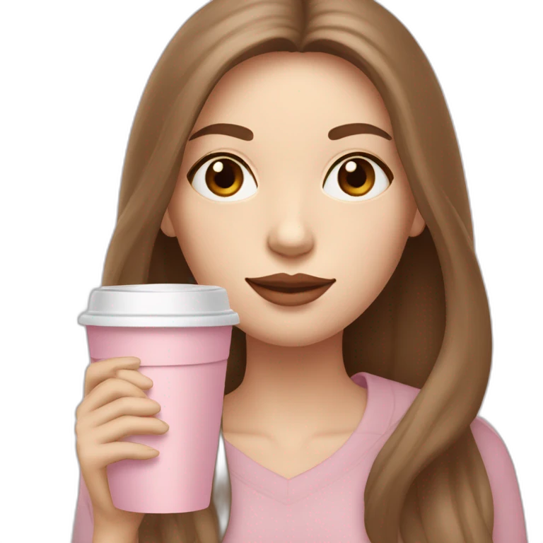 woman with pale skin and middle brown long thin hair sipping cofee from a light pink takeaway cup eyes closedf emoji