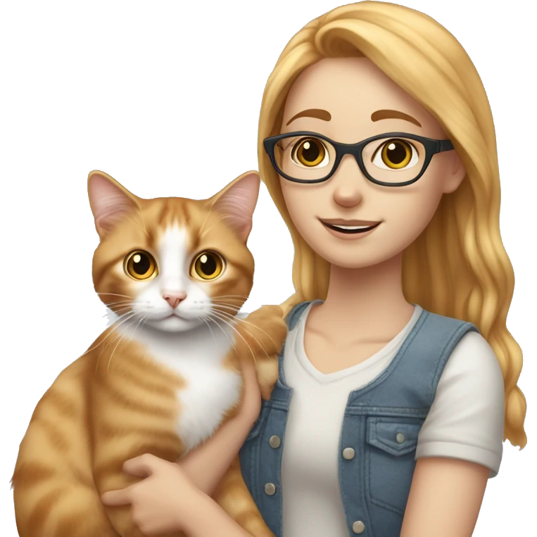 White skin strawberry-blonde haired girl with glasses holding long-haired calico cat emoji