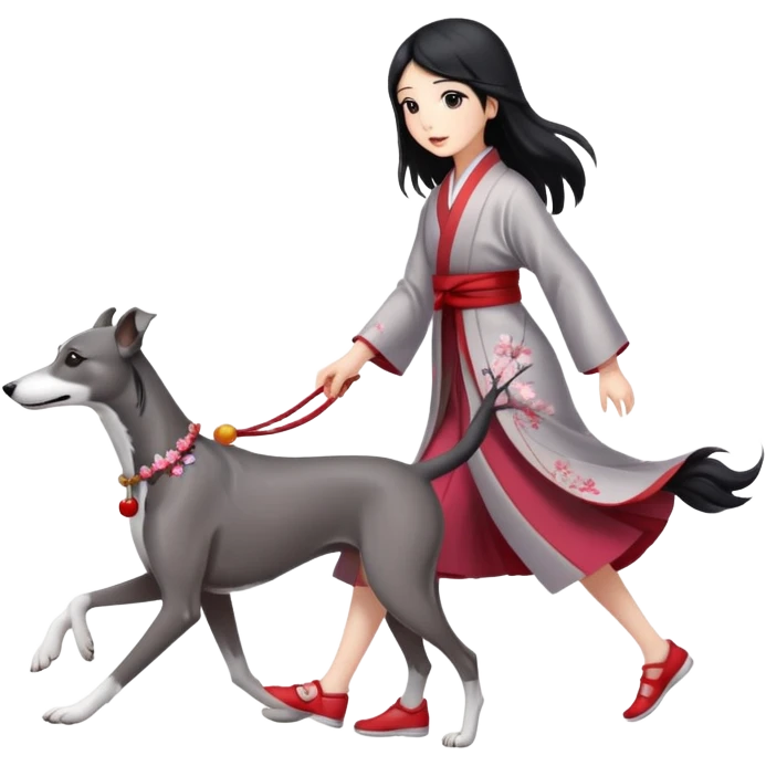 Japanese girl with flowing hair walking a solid grey greyhound with cherry blossoms in the background emoji
