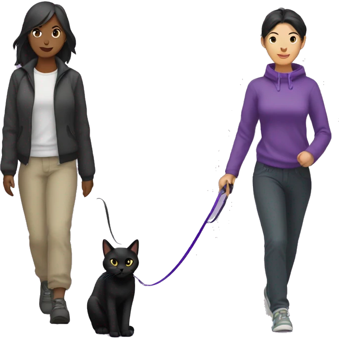 Black cat with a purple leash going for a walk with an Asian female  emoji
