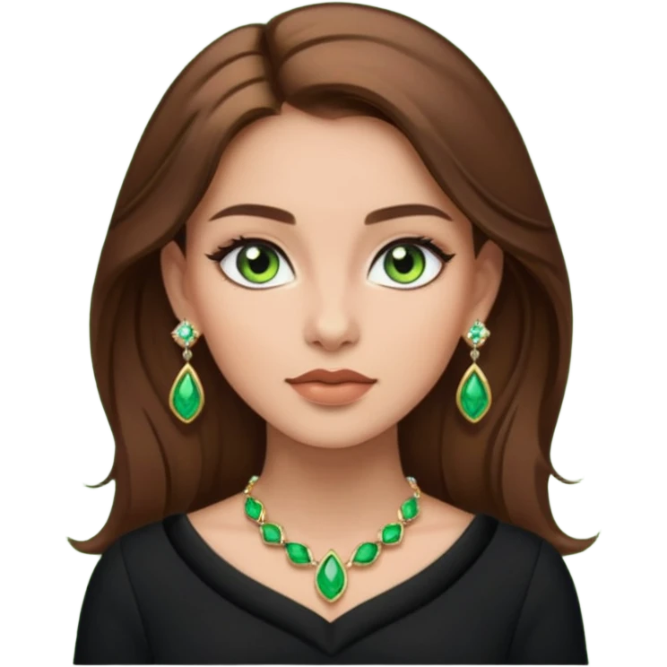 Μια κοπέλα καστανή με μαύρα ωραία ρουχα και σκουλαρίκια και κοσμήματα και βαμμένη ελαφρό και πράσινα μάτια  emoji
