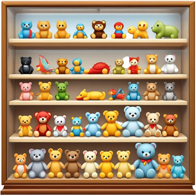 Icon for Toy Collecting: a collection of various vintage toys such as dolls, action figures, and plush animals, displayed neatly on shelves or in display cases. The icon should evoke the joy and nostalgia of collecting toys. Transparent background. emoji