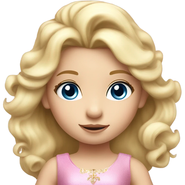 Little 5 year old long blonde girl blue eyes in a princess dress riding a big pink unicorn  emoji