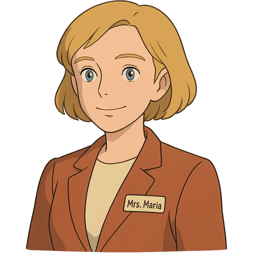 ghibli style Mrs. Maria, math and artificial intelligence teacher, no glasses, thin nose, blonde eyebrows, blonde bob hair, blue eyes emoji
