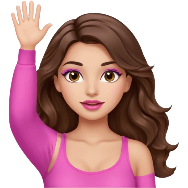 girl with long wavy brown hair, brown eyes, long lashes makeup, sexy pink lips, light to medium complexion, wearing a pink sexy top, one hand in the air high emoji
