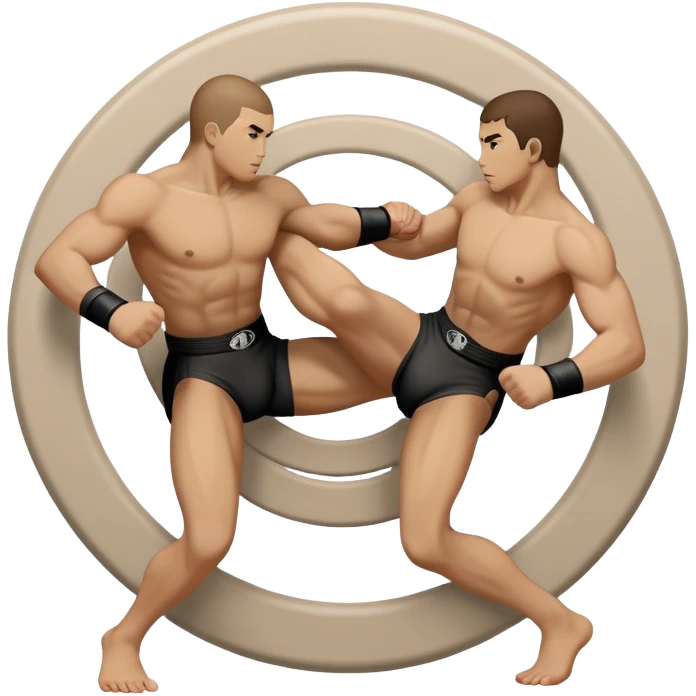 An icon symbolizing wrestling martial arts, featuring two stylized figures locked in a dynamic grappling pose. The background shows abstract elements representing strength and technique, with a circular design to represent unity and focus. Transparent background emoji