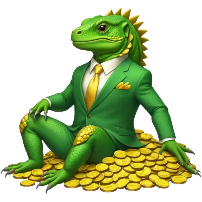 capitalist iguana in suit lying on coins emoji
