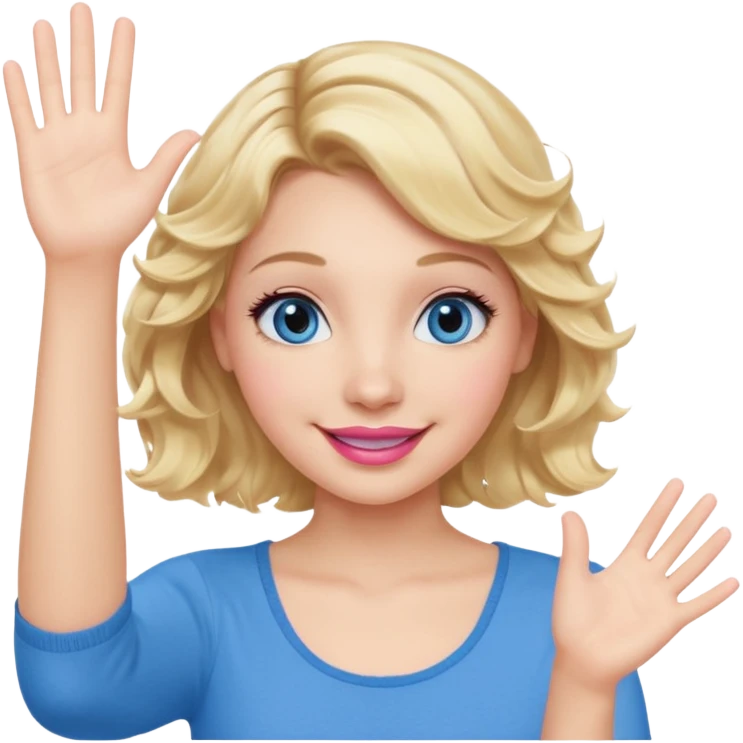 Girl Blonde short wavy hair,  blue eyes, cute blue top, long lashes, pink lips, smiling, waving hello  emoji