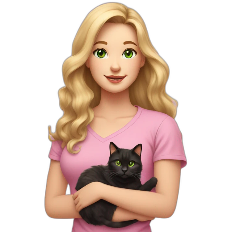 woman with green eyes and long wavy blonde hair in a pink shirt is holding a very fluffy and fat black and tortoiseshell cat emoji