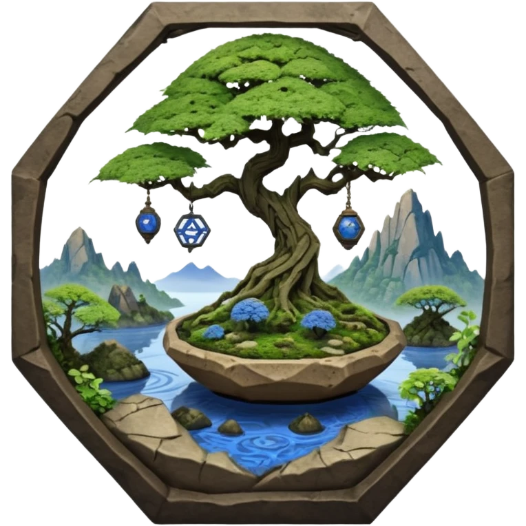 Alien spacecraft hanging-jungle vines mountain-island landscape mudman very old broken cracked intricate Stone Age rocky-crusted irregular dodecagon-shaped shallow dark moss rough bark blue willow flowered maple tree bonsai pot emoji