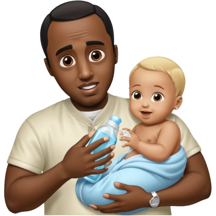 Sean “Diddy” Combs with baby oil and a very small infant and he’s pouring the baby oil on the baby and they have a scared face they’re really scared while diddy is happy emoji