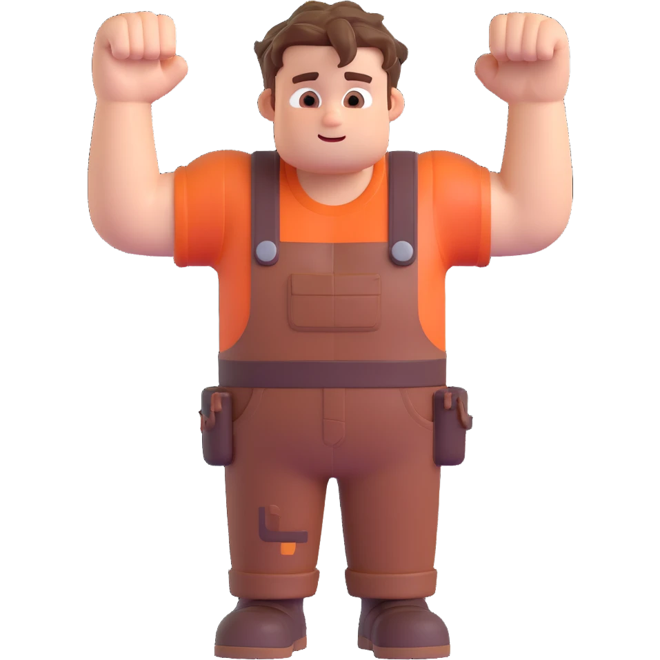 Wreck-It Ralph man with short messy hair, brown overalls, boxy figure with big arms emoji