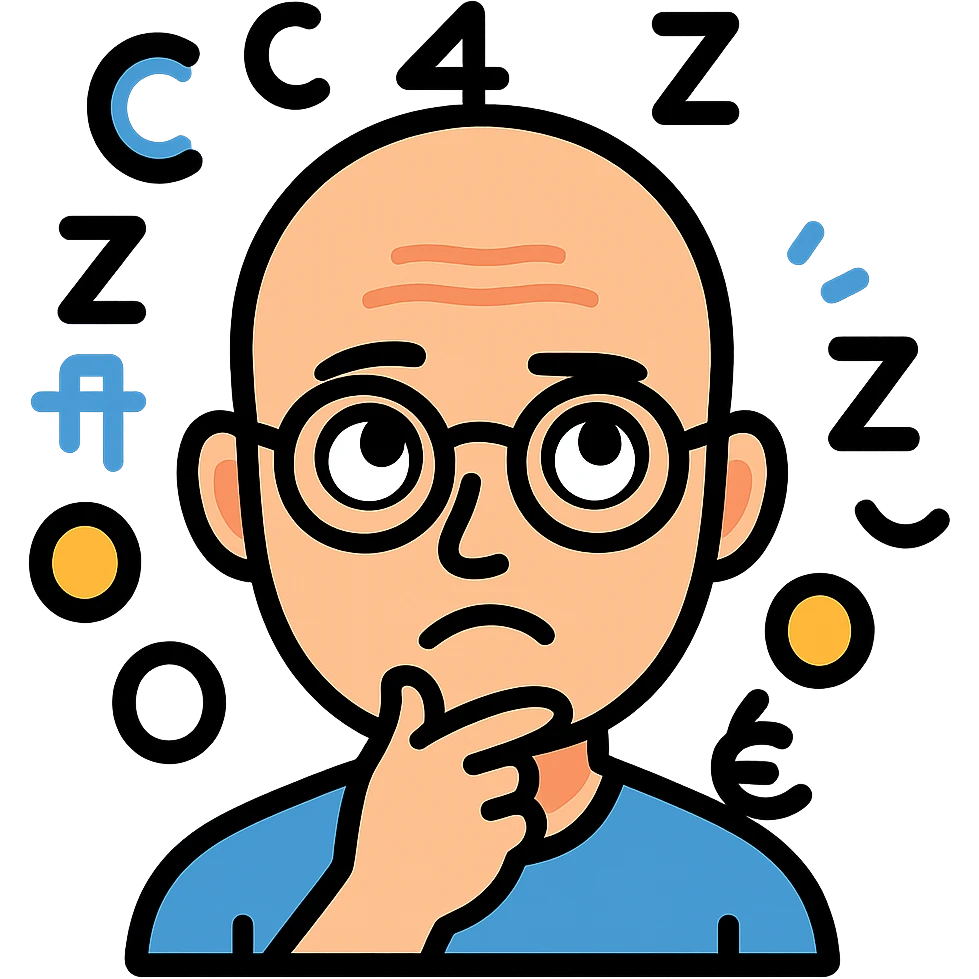Add a thinking expression to the bald headed man with glasses and math symbols over his head, keep the background transparent. emoji