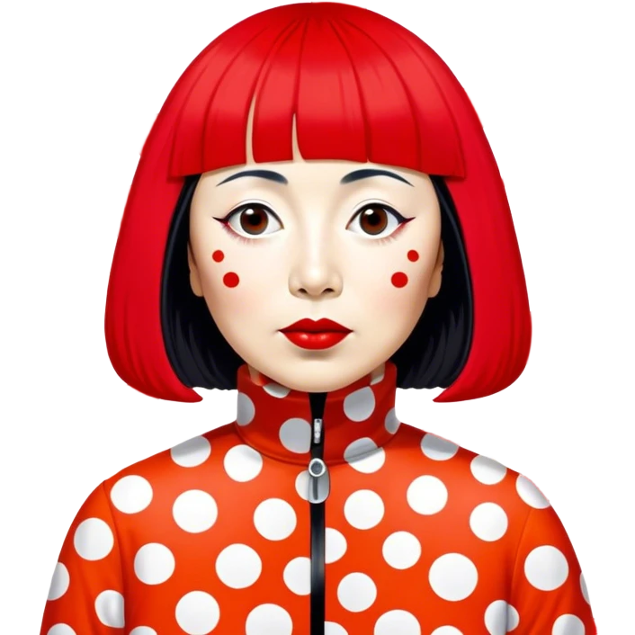 Yayoi Kusama – Cinematic Realistic Portrait of Yayoi Kusama, depicted as an avant-garde artist with an eccentric, captivating expression surrounded by her iconic polka dot patterns, rendered with vivid textures and imaginative lighting that evokes her unique, surreal creative world. emoji
