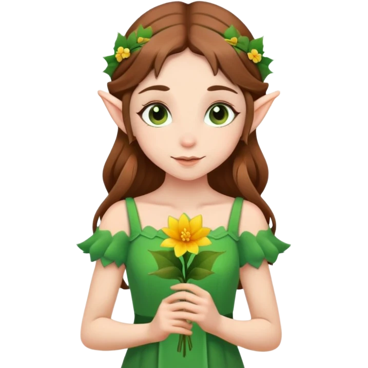 brown haired girl elf in green with a flower emoji