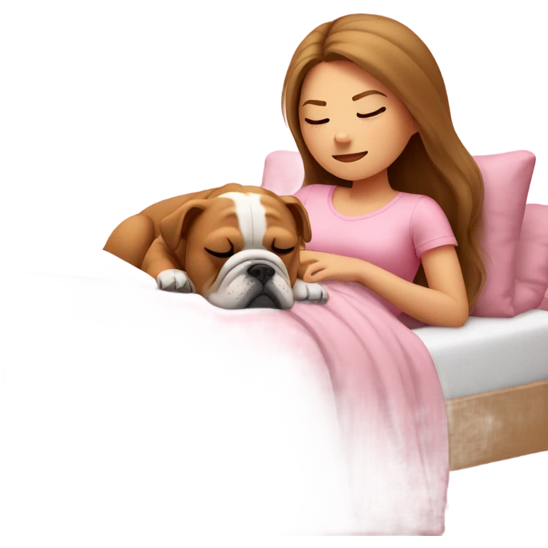 Sleeping girl in pink bed with brown hair with blonde mesh and bulldog emoji