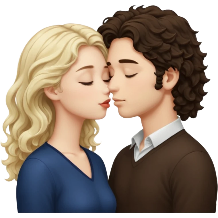 Tall White Italian boy with dark brown wavy fluffy hair and blonde wavy hair girl that's pale with wavy hair kissing with eyes closed  emoji