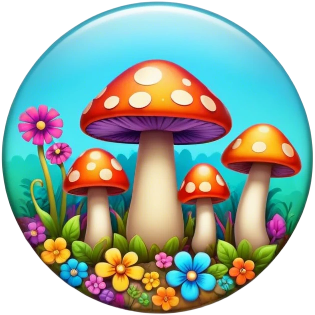 A round psychedelic colored button with bezeled edges and colorful hippie style mushrooms emoji