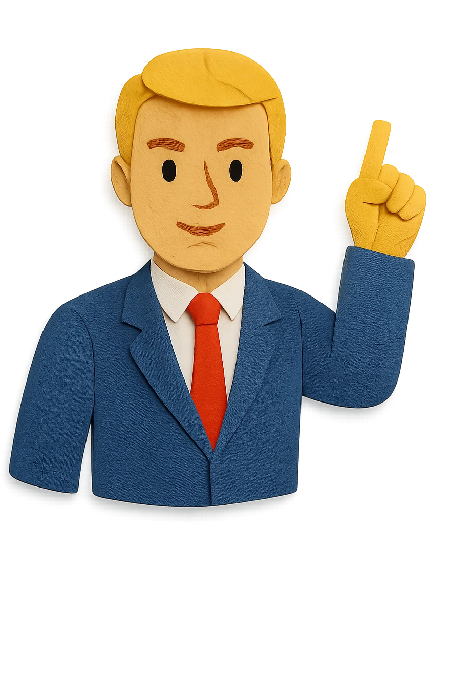 Confident male leader, Caucasian, short neat blonde hair, sharp eyes, indigo jacket, one arm raised gicing direction, waist-up, front-facing emoji