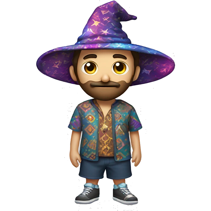 a man with short brown hair and a beard shadow wearing a wizard hat and a multi pattern psychedelic shirt and shorts emoji
