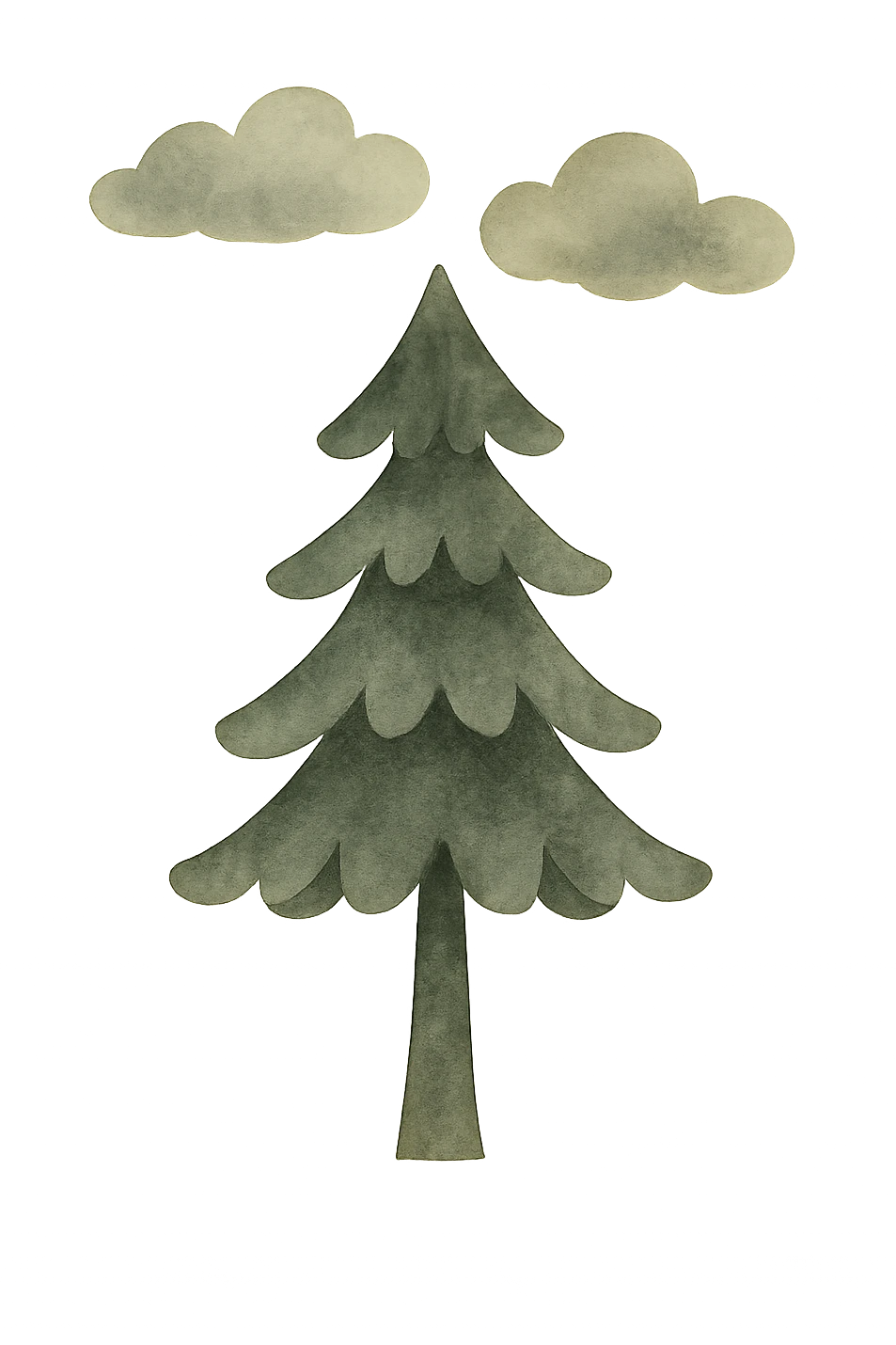 illustration of a simple single evergreen tree with clouds, blending Scandinavian and Slavic folk motifs, dark neutral forest color tones, watercolor texture with outlines, suitable for favicon emoji