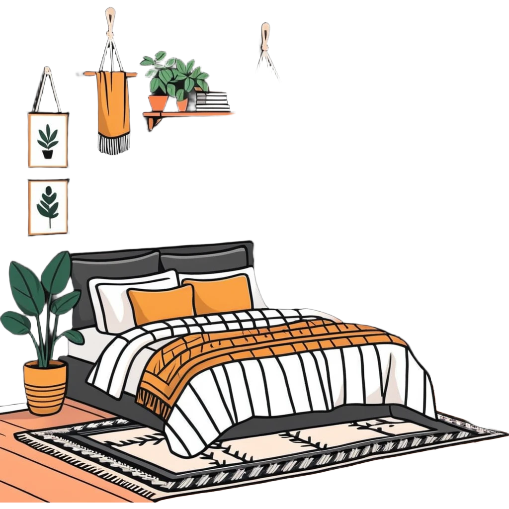 modern bohemian bedroom with hanging plants, layered patterned rugs, and lots of cozy blankets on bed emoji